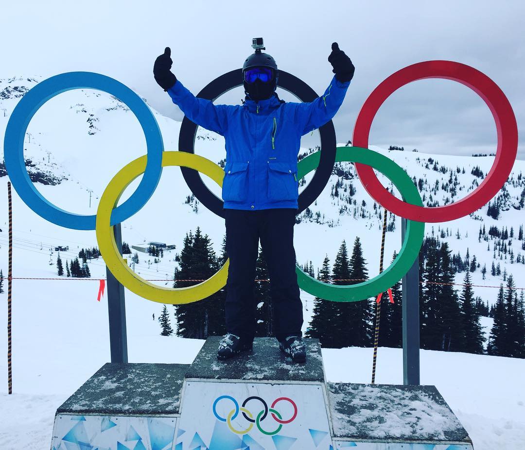 Shelton on the Olympic stand in Whistler Blackcomb